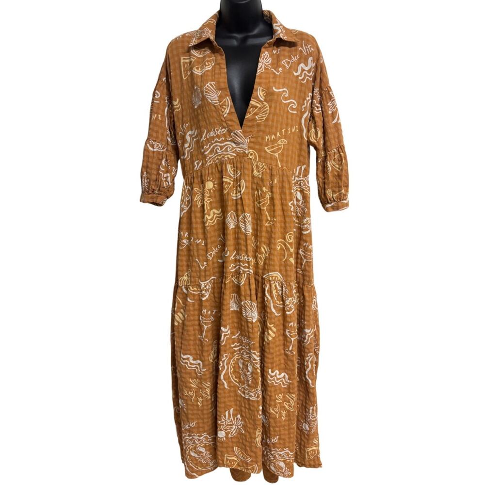 Anthropologie Dress Small Brown Lobster Martini Tier Midi V Shift 3/4 Boho EUC - Picture 1 of 11
